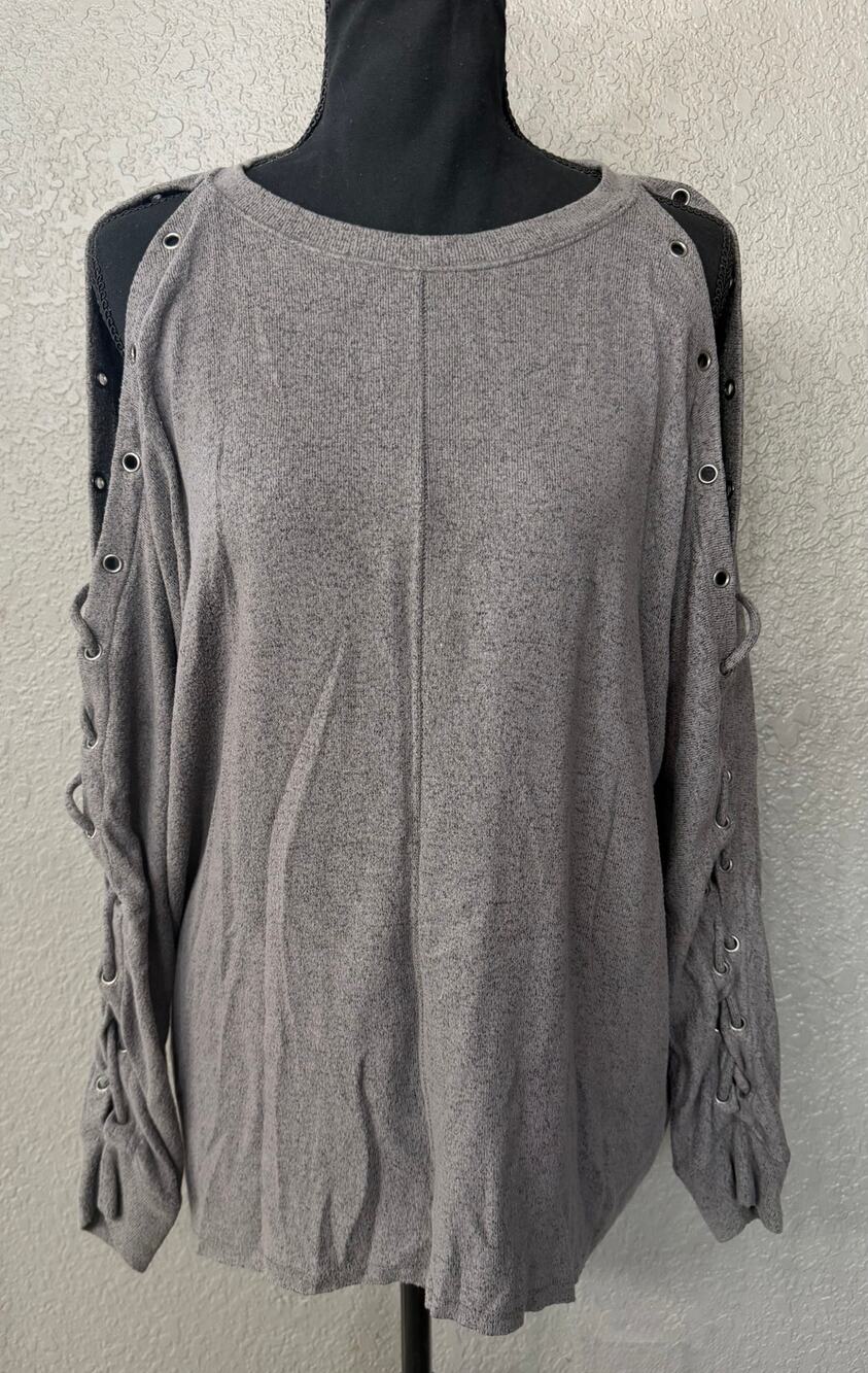 American Eagle Womens Sz L Soft & Sexy Plush Gray Cold Shoulder Tie Sweatshirt